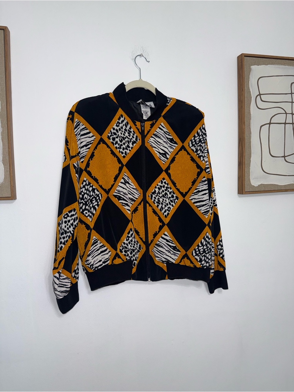 Teddi Black and Mustard Geometric Animal Print Zip Jacket